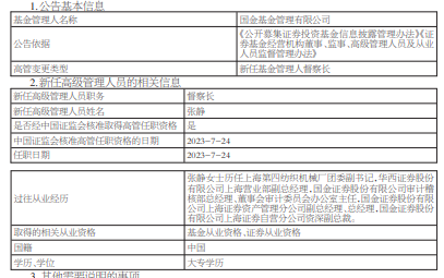 国金基金任命张静为督察长