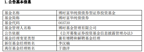 博时基金4只债基增聘基金经理李汉楠 于渤洋离任