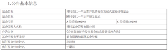 博时基金4只债基增聘基金经理李汉楠 于渤洋离任