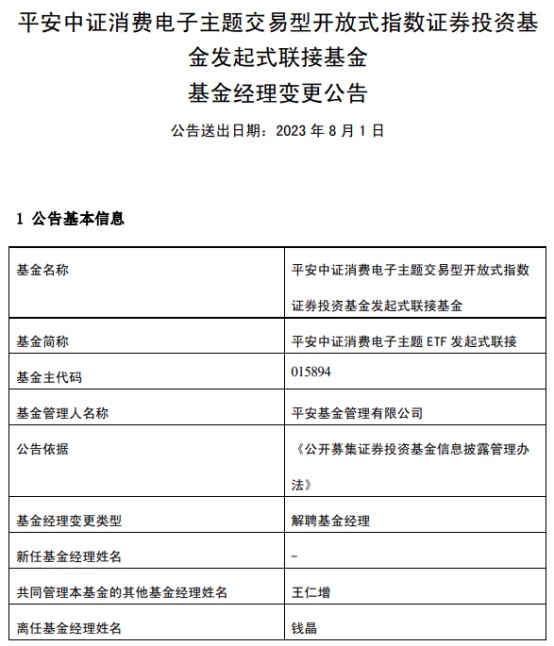 钱晶离任平安中证消费电子主题ETF发起式联接