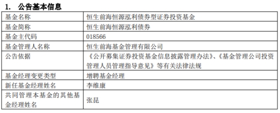 恒生前海恒源泓利债券增聘基金经理李维康