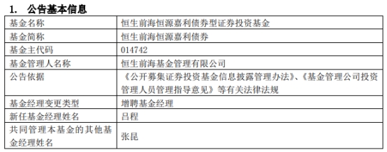 恒生前海恒源嘉利债券增聘基金经理吕程