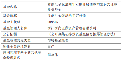 浙商汇金聚泓两年定开债增聘基金经理白严