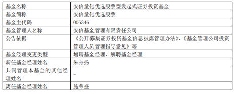 安信量化优选股票增聘基金经理朱舟扬