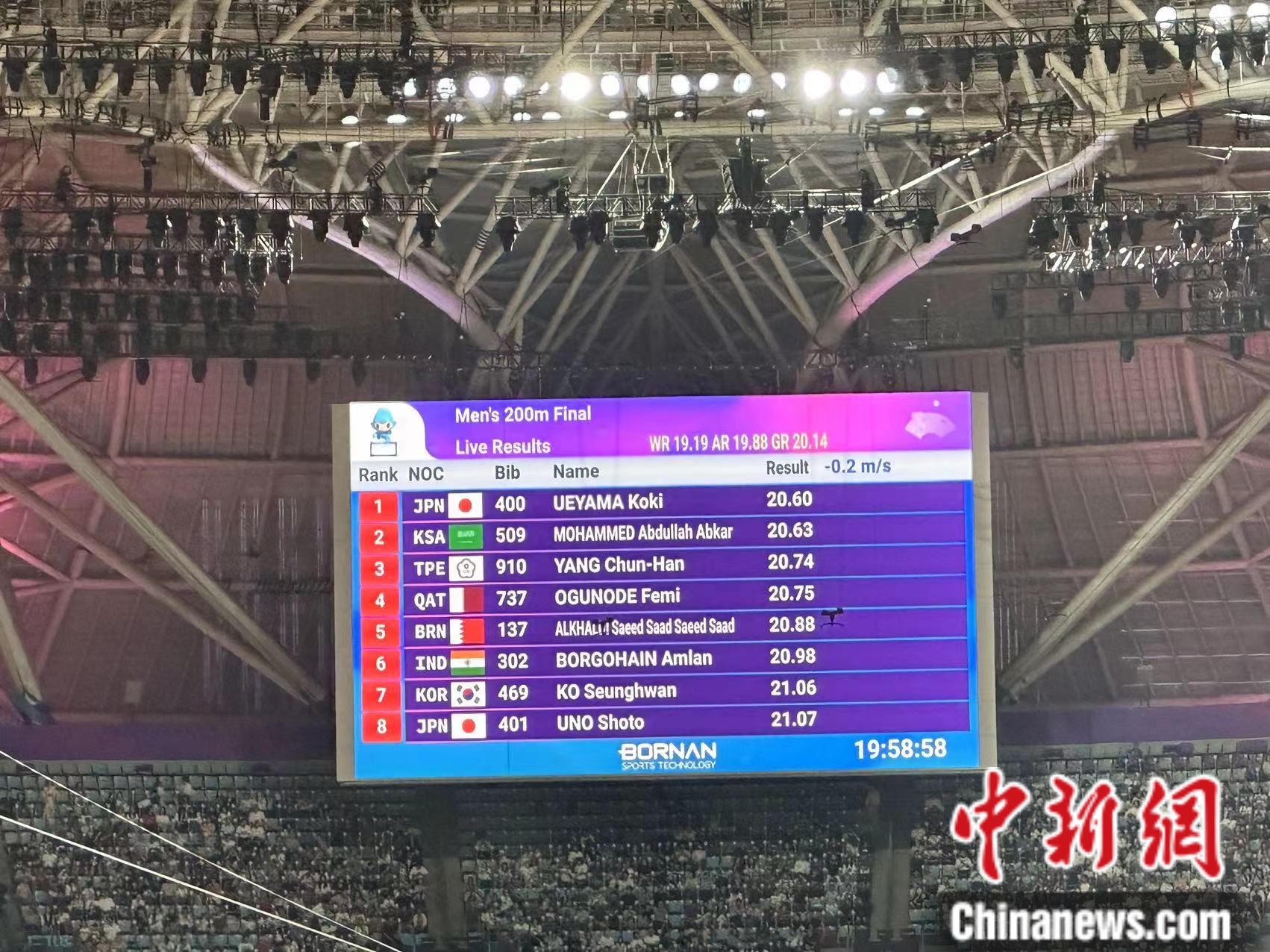 男子200米日本选手上山弘辉夺冠 中国台北队飞人杨俊瀚摘铜