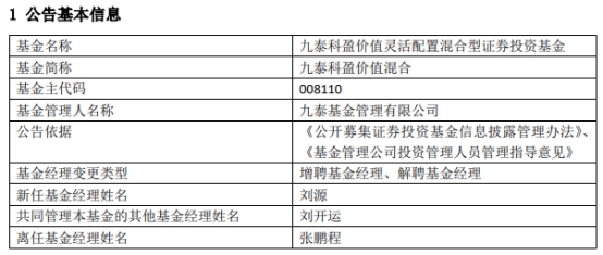 九泰科盈价值混合增聘基金经理刘源 张鹏程离任