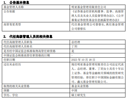 明亚基金督察长杨丽冰离任 总经理丁玥代任