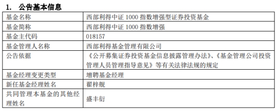 西部利得中证1000指数增强增聘基金经理翟梓舰