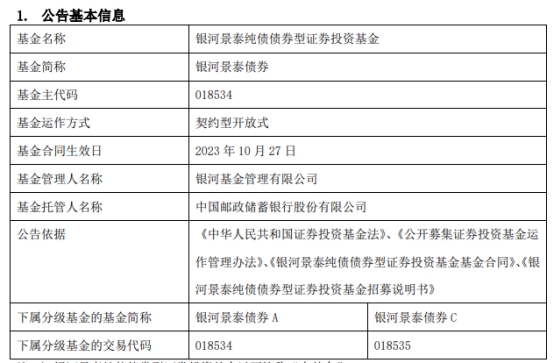 银河景泰债券成立 基金规模61亿