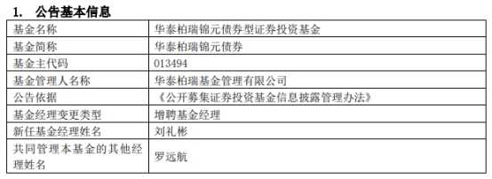 华泰柏瑞2只债基增聘基金经理刘礼彬