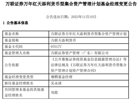 万联天添利货币增聘基金经理吴永清